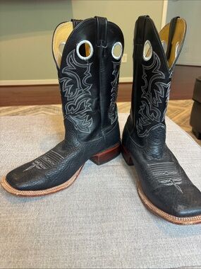 Cavender’s Classic Black Leather Cowboy Boots pull on square toe western 12 D